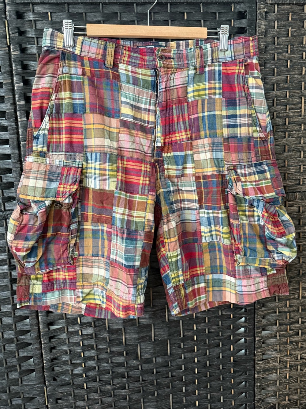 🏖️ Polo Ralph Lauren Patchwork Madras Cargo Shorts Plaid 100% Cotton